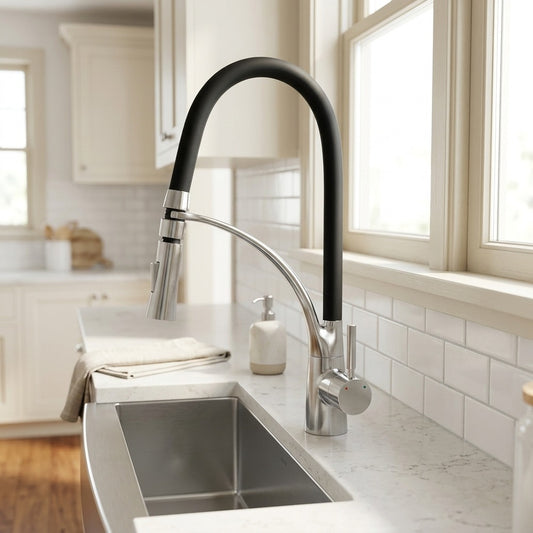 Lagomel single-handle pull-down kitchen faucet in chrome, two-tone / mixed finish, set in a Modern/Industrial kitchen