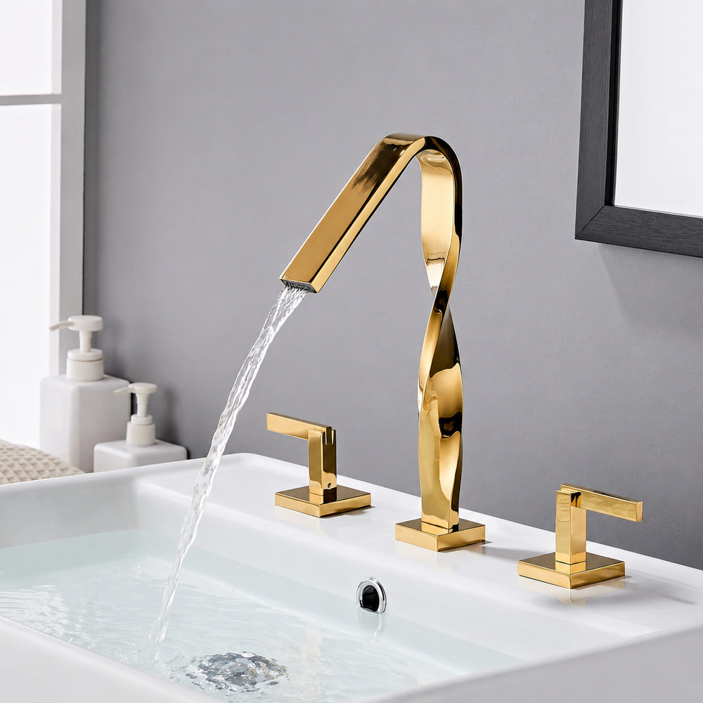 Waterfall Spout Widespread Bathroom Faucet, Dual-Handle Brass Faucet, Matte Black / Brushed Gold
