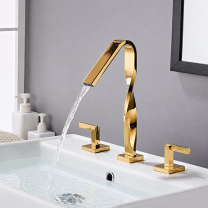 Waterfall Spout Widespread Bathroom Faucet, Dual-Handle Brass Faucet, Matte Black / Brushed Gold