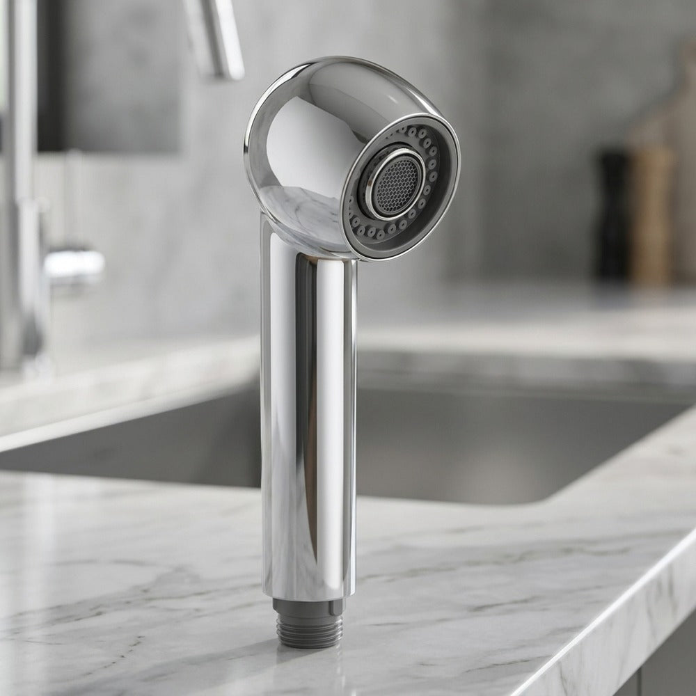 Lagomel pull-down replacement spray head in chrome, set in a Modern kitchen