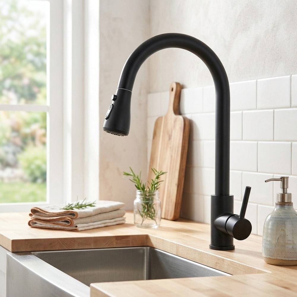 Lagomel single-hole single-handle pull-down kitchen faucet in matte black, set in a Modern/Contemporary/Minimalist kitchen