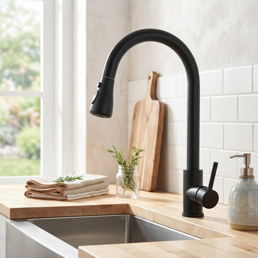 Lagomel single-hole single-handle pull-down kitchen faucet in matte black, set in a Modern/Contemporary/Minimalist kitchen