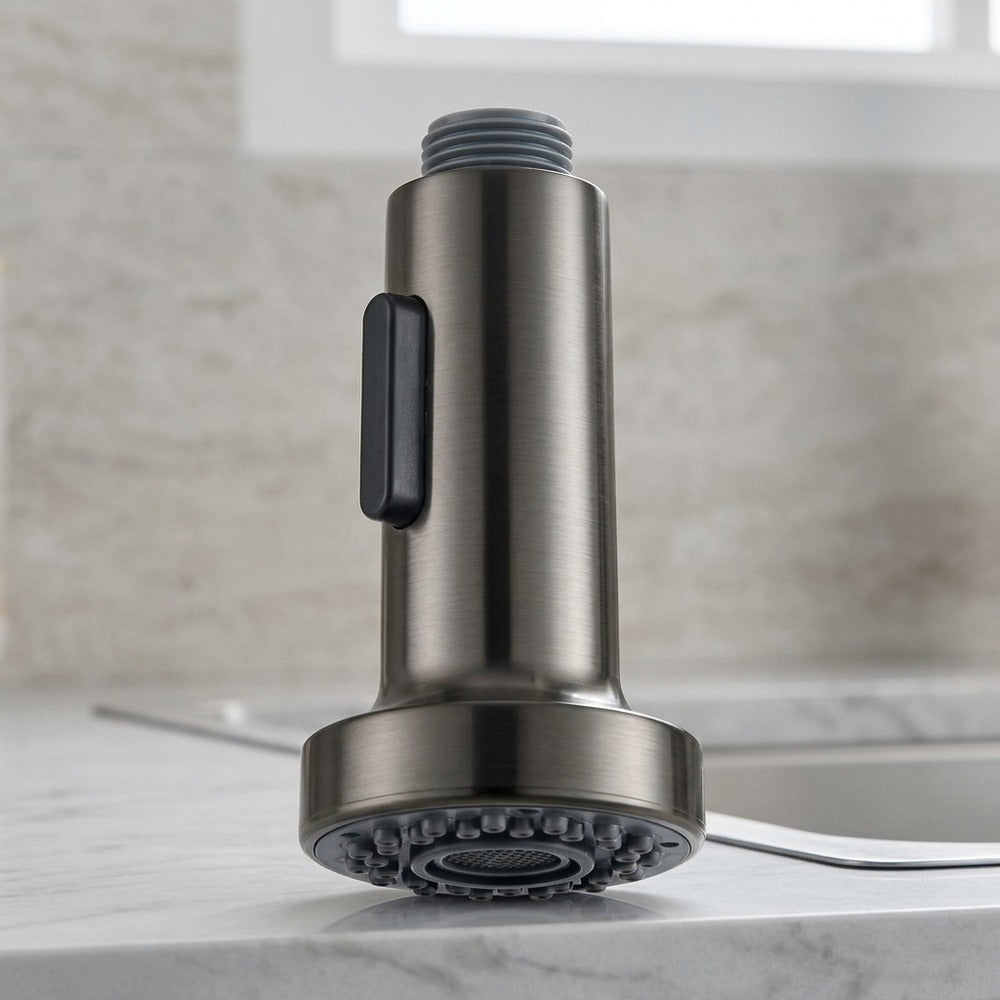 Lagomel replacement spray head in brushed nickel, set in a Contemporary kitchen