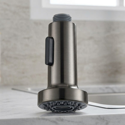 Lagomel replacement spray head in brushed nickel, set in a Contemporary kitchen