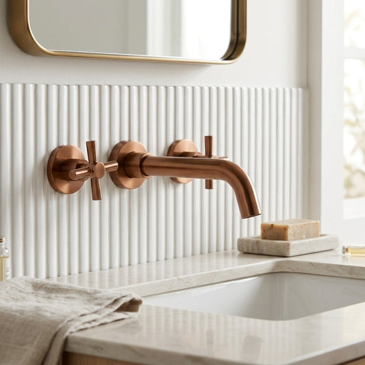 Lagomel wall-mount bathroom faucet in rose gold, brushed nickel, set in a Vintage/Retro/Modern bathroom