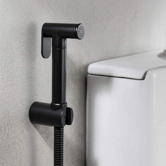 Lagomel wall-mounted bidet faucet in matte black, set in a Modern/Contemporary bathroom
