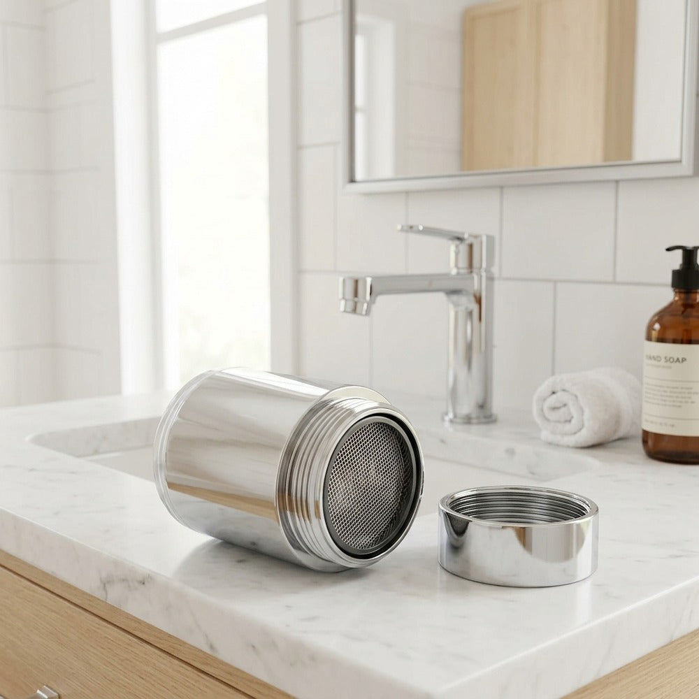 Lagomel faucet aerator in chrome, set in a Modern bathroom