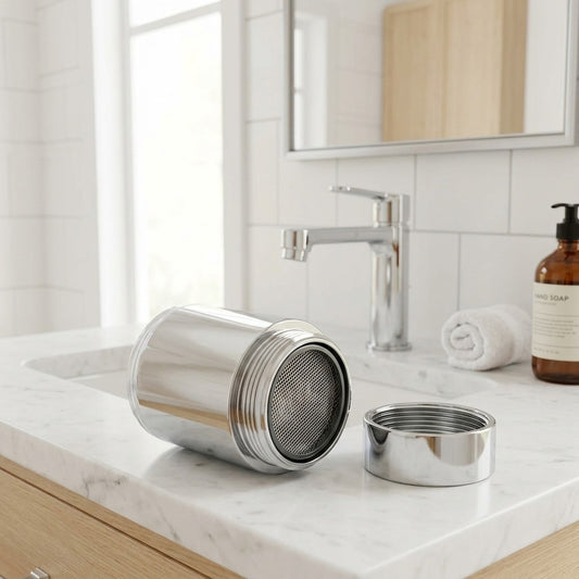 Lagomel faucet aerator in chrome, set in a Modern bathroom