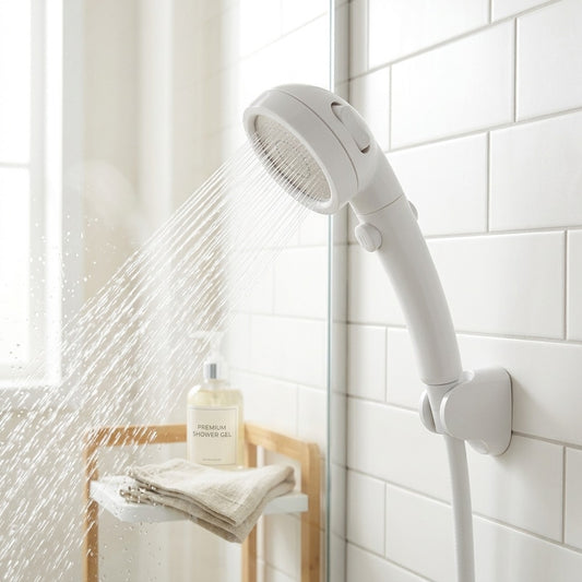 Lagomel hand shower in chrome, matte white, two-tone / mixed finish, set in a Contemporary bathroom