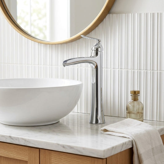 Lagomel waterfall single-handle vessel sink faucet in antique brass, brushed gold, brushed nickel, chrome, matte black,, set in a Modern/Vintage/Retro bathroom