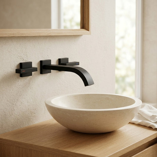 Lagomel waterfall double-handle wall-mount bathroom faucet in matte black, set in a Contemporary/Modern bathroom
