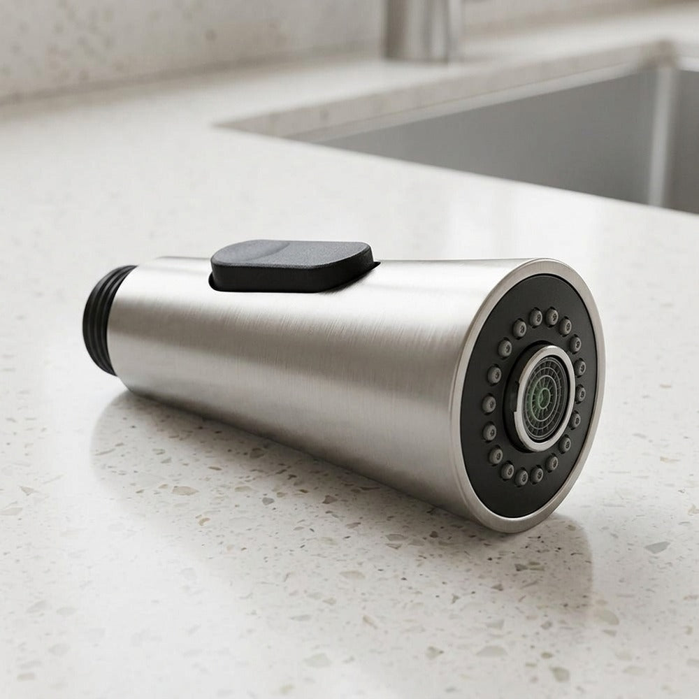Lagomel pull-down replacement spray head in chrome, set in a Modern kitchen