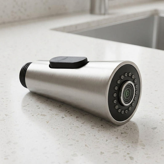 Lagomel pull-down replacement spray head in chrome, set in a Modern kitchen