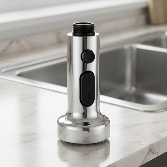 Lagomel pull-down replacement spray head in chrome, set in a Modern kitchen