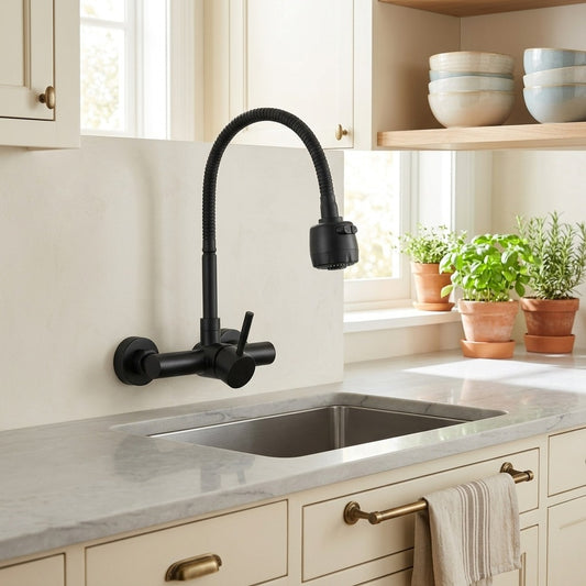 Lagomel single-handle wall-mount kitchen faucet in matte black, brushed nickel, set in a Modern/Minimalist kitchen
