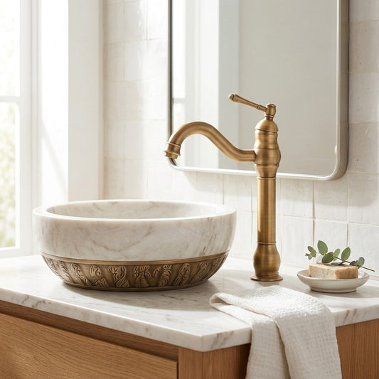 Lagomel single-handle vessel sink faucet in antique brass, brushed gold, matte black, rose gold, brushed nickel,, set in a Traditional/Classic/Vintage/Retro bathroom