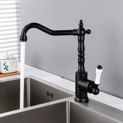 Retro High-Arc Swivel Spout Kitchen Faucet, Single-Hole Deck Mount Faucet with Ceramic Lever Handle, Chrome / Antique Brass / Polished Gold / Matte Black