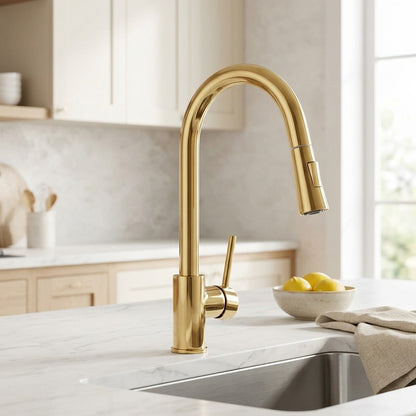 Lagomel single-hole single-handle pull-down kitchen faucet in polished brass, set in a Modern/Contemporary kitchen