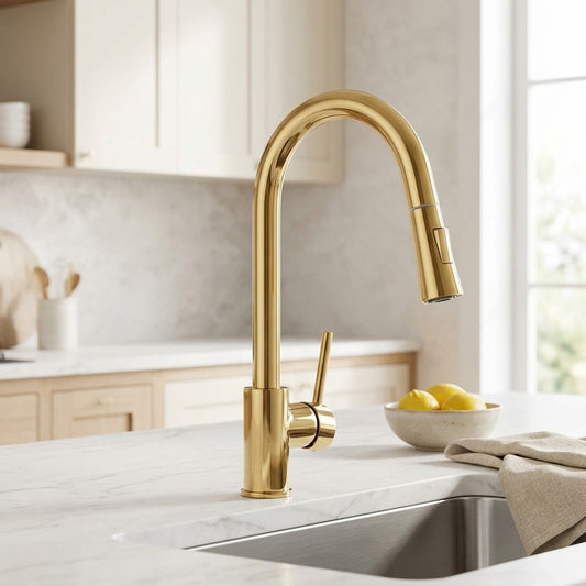 Lagomel single-hole single-handle pull-down kitchen faucet in polished brass, set in a Modern/Contemporary kitchen