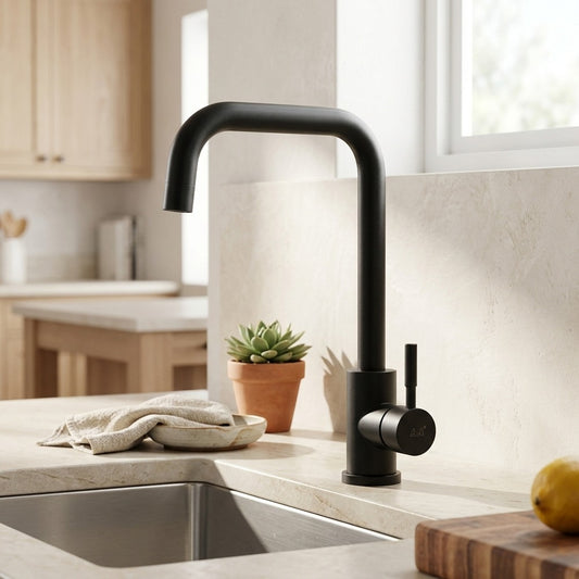 Lagomel single-handle kitchen faucet in matte black, polished brass, set in a Contemporary kitchen