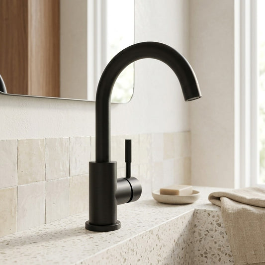 Lagomel single-hole bathroom faucet in matte black, matte white, stainless steel, set in a Contemporary/Modern bathroom