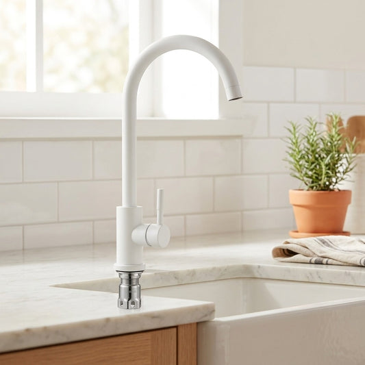 Lagomel single-handle kitchen faucet in brushed nickel, matte black, matte white, set in a Modern/Minimalist kitchen
