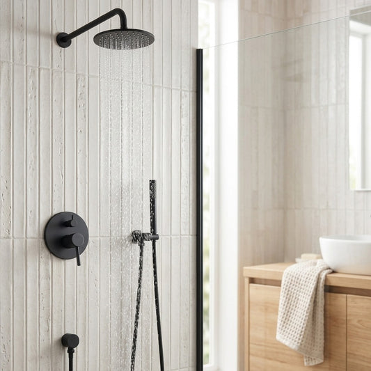 Lagomel wall-mounted complete shower system in matte black, set in a Contemporary/Modern bathroom