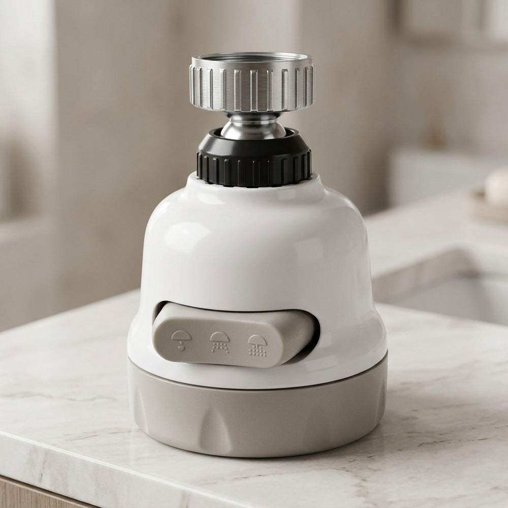 Lagomel faucet aerator in matte white, chrome, set in a Modern bathroom