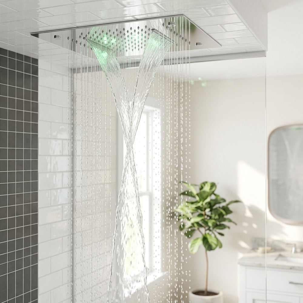 Lagomel waterfall rain shower head in chrome, set in a Contemporary/Modern bathroom