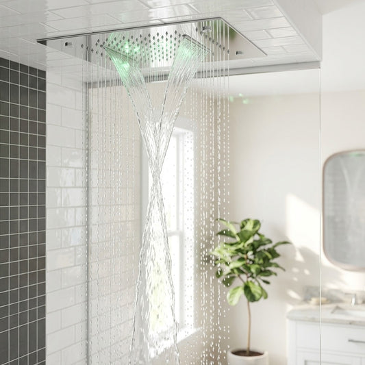 Lagomel waterfall rain shower head in chrome, set in a Contemporary/Modern bathroom