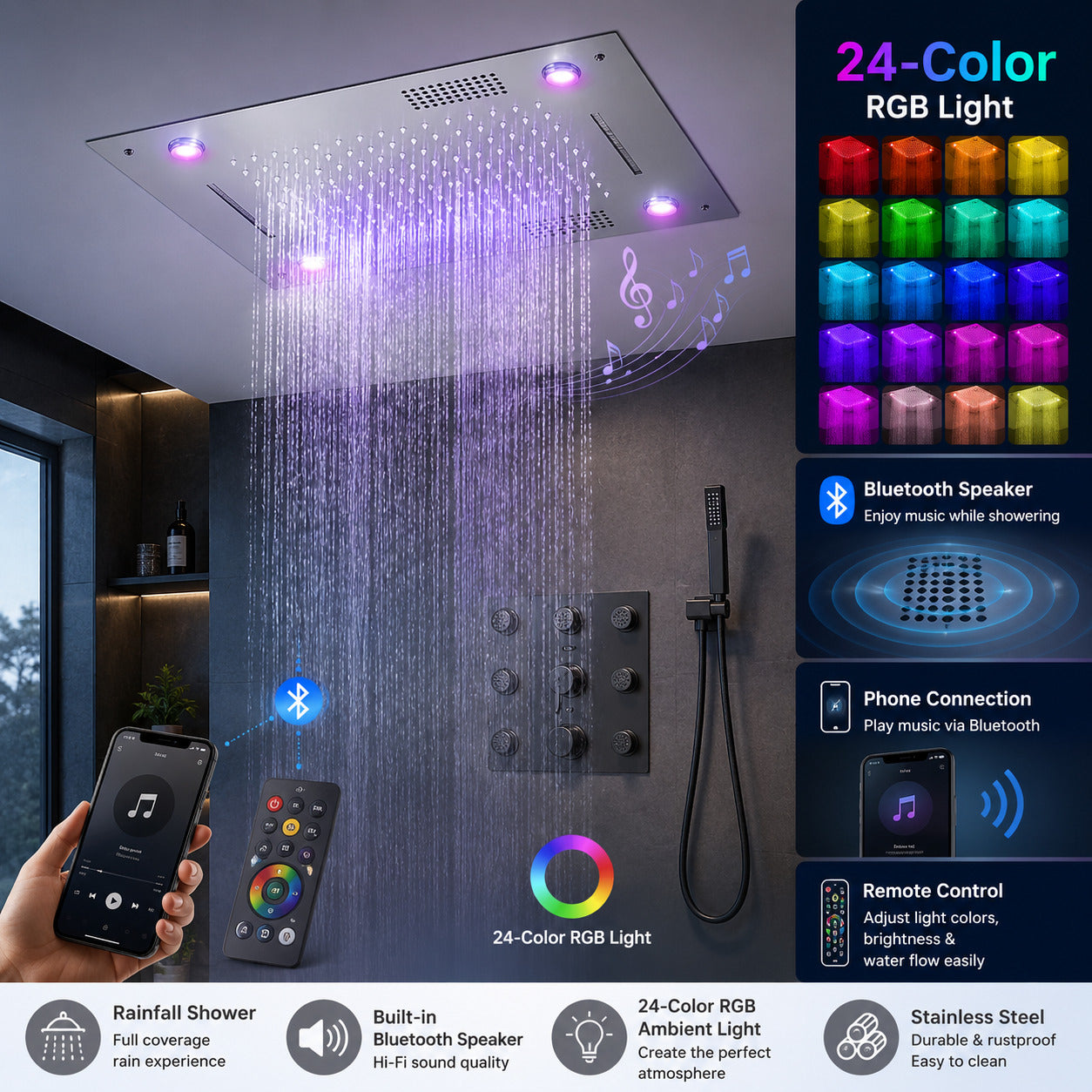 Lagomel waterfall rain shower head, set in a Contemporary bathroom