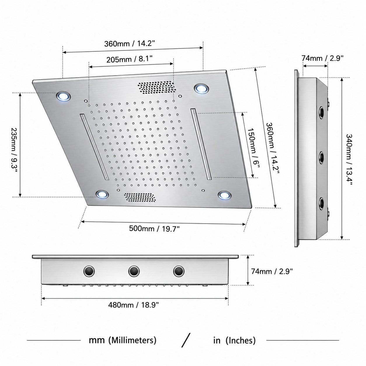 Modern LED Rainfall Waterfall Shower Head, Ceiling-Mounted Stainless Steel Chrome Shower Head with Bluetooth Speaker
