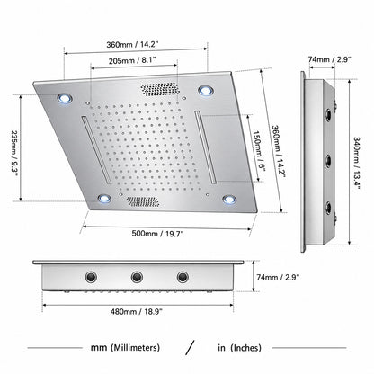 Modern LED Rainfall Waterfall Shower Head, Ceiling-Mounted Stainless Steel Chrome Shower Head with Bluetooth Speaker