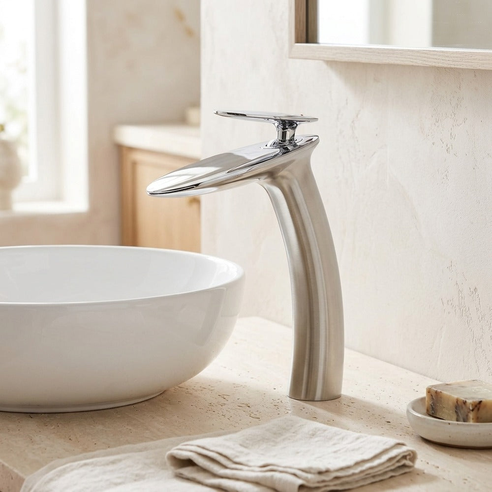 Lagomel waterfall single-handle vessel sink faucet in chrome, brushed gold, brushed nickel, rose gold, matte black,, set in a Contemporary/Modern bathroom