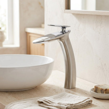 Lagomel waterfall single-handle vessel sink faucet in chrome, brushed gold, brushed nickel, rose gold, matte black,, set in a Contemporary/Modern bathroom