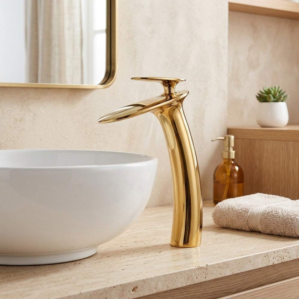 Lagomel waterfall single-handle vessel sink faucet, set in a Modern/Contemporary bathroom