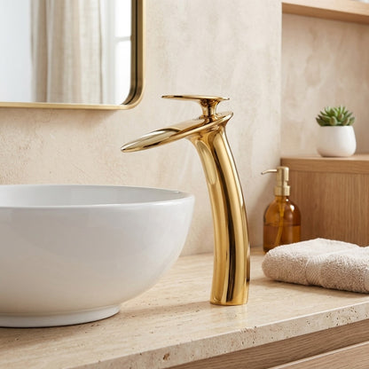 Lagomel waterfall single-handle vessel sink faucet, set in a Modern/Contemporary bathroom