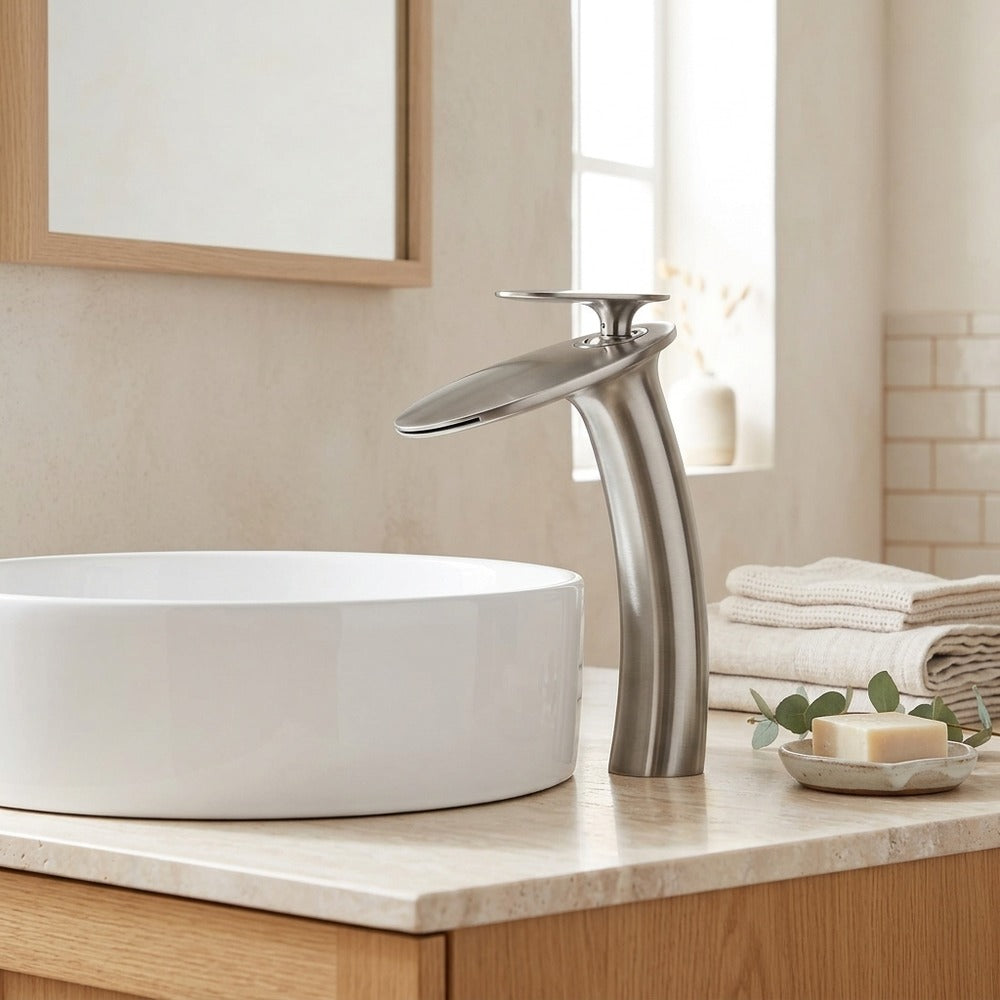 Lagomel waterfall single-handle vessel sink faucet, set in a Modern/Contemporary bathroom