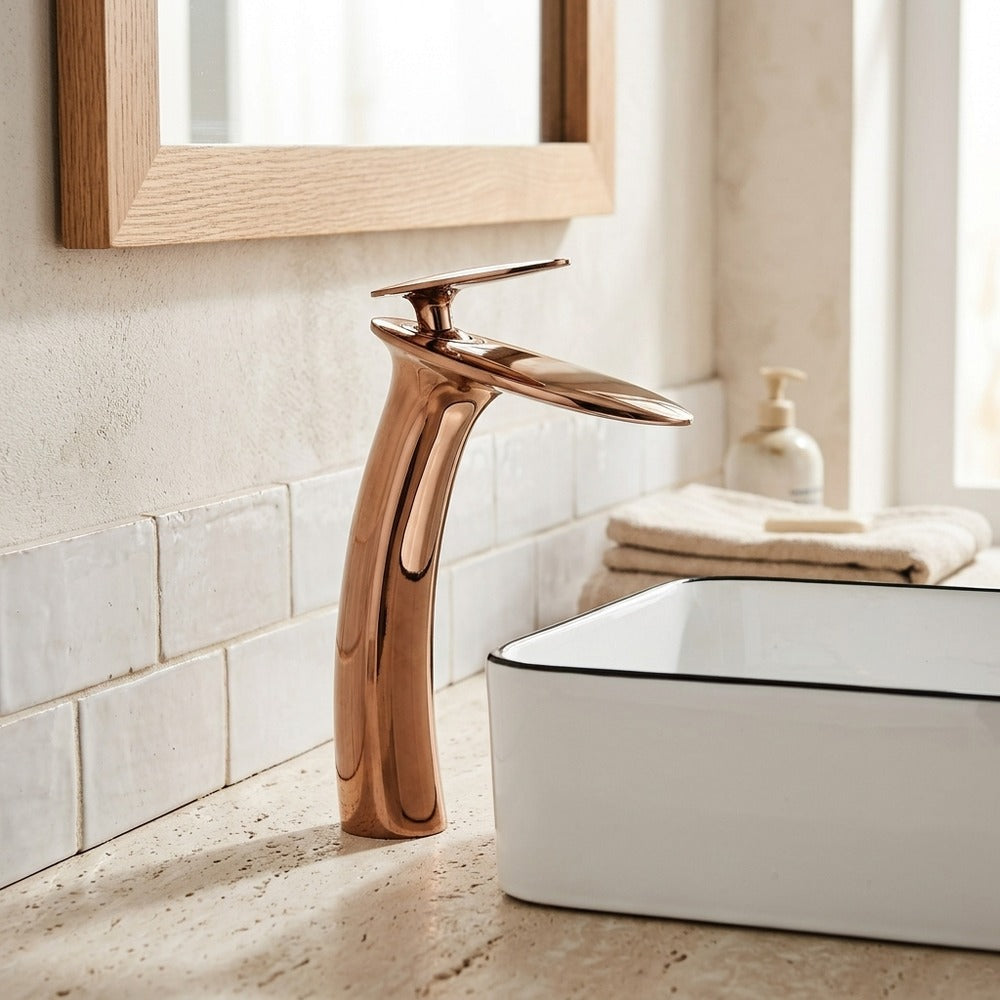 Lagomel waterfall single-handle vessel sink faucet, set in a Modern/Contemporary bathroom