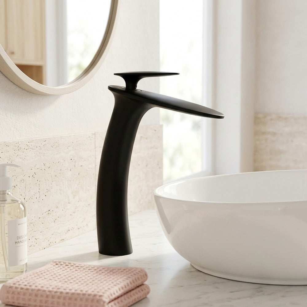 Lagomel waterfall single-handle vessel sink faucet, set in a Modern/Contemporary bathroom