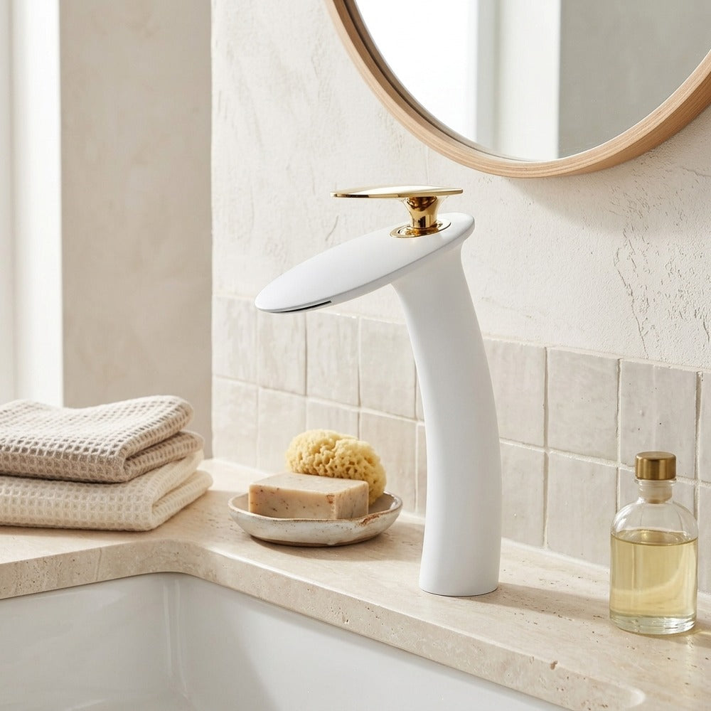 Lagomel waterfall single-handle vessel sink faucet, set in a Modern/Contemporary bathroom
