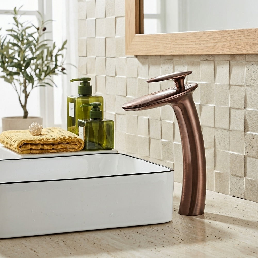 Lagomel waterfall single-handle vessel sink faucet, set in a Modern/Contemporary bathroom