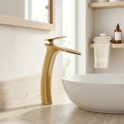 Lagomel waterfall single-handle vessel sink faucet, set in a Modern/Contemporary bathroom