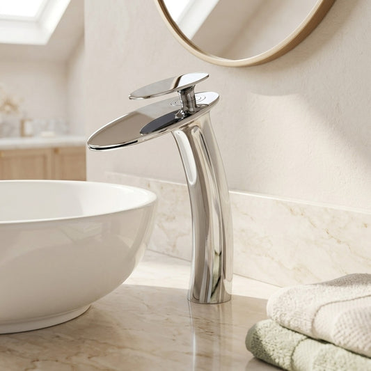 Lagomel single-hole waterfall vessel sink faucet in chrome, brushed gold, polished gold, brushed nickel, set in a Modern/Contemporary bathroom
