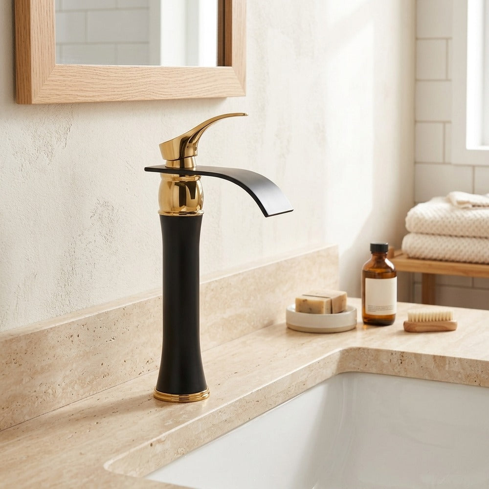 Lagomel waterfall single-handle vessel sink faucet in two-tone / mixed finish, set in a Contemporary bathroom