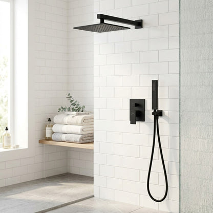 Lagomel wall-mounted complete shower system in matte black, set in a Contemporary/Modern bathroom