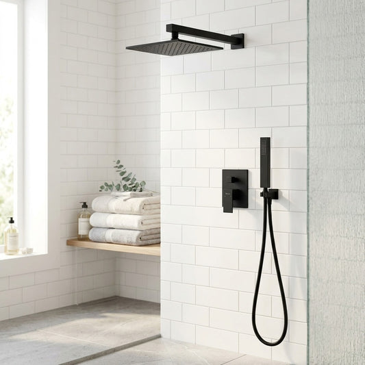 Lagomel wall-mounted complete shower system in matte black, set in a Contemporary/Modern bathroom