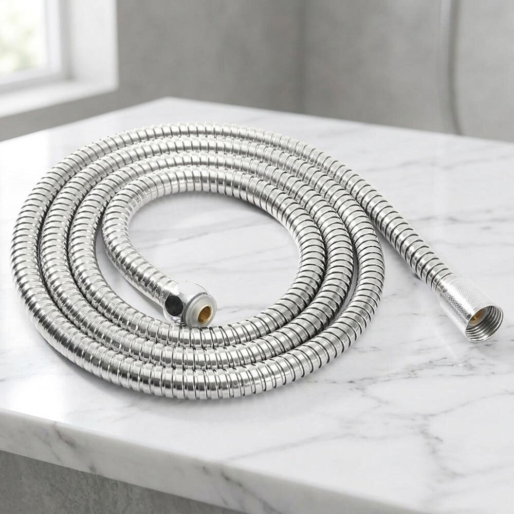 Lagomel shower hose in stainless steel, set in a Modern/Contemporary bathroom