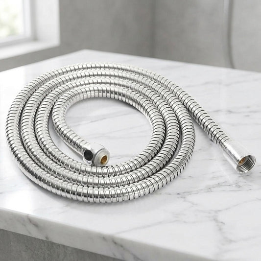 Lagomel shower hose in stainless steel, set in a Modern/Contemporary bathroom