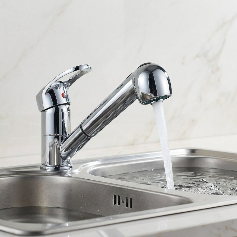Lagomel single-hole single-handle pull-out kitchen faucet in chrome, set in a Minimalist kitchen